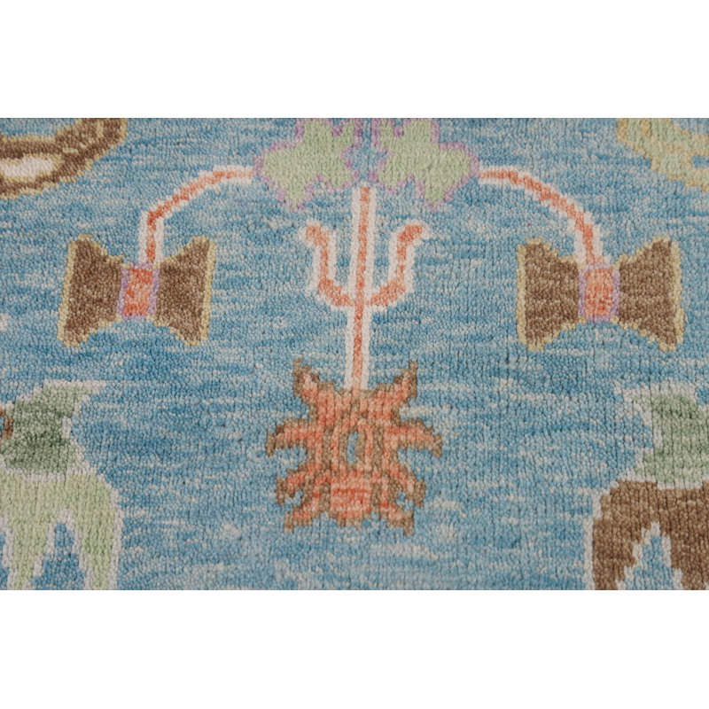 Tapis bleu clair et ivoire à motif floral Oushak 9 x 12
