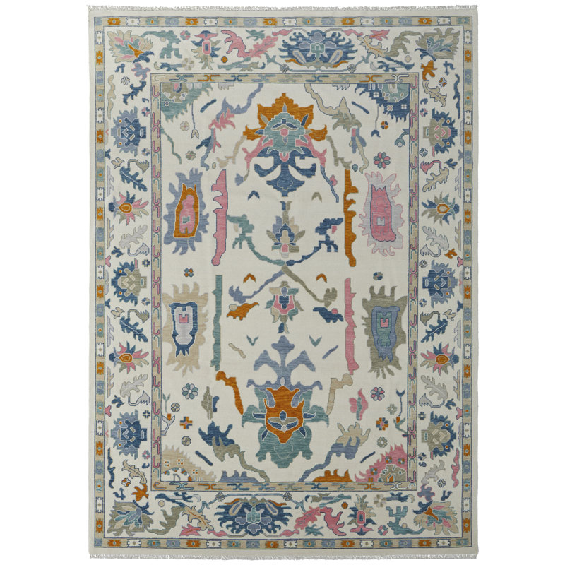 Karina Hand Knotted Wool Floral Area Rug in Ivory/Blue/Green/Orange, Rectangle 5'6" x 8'6"