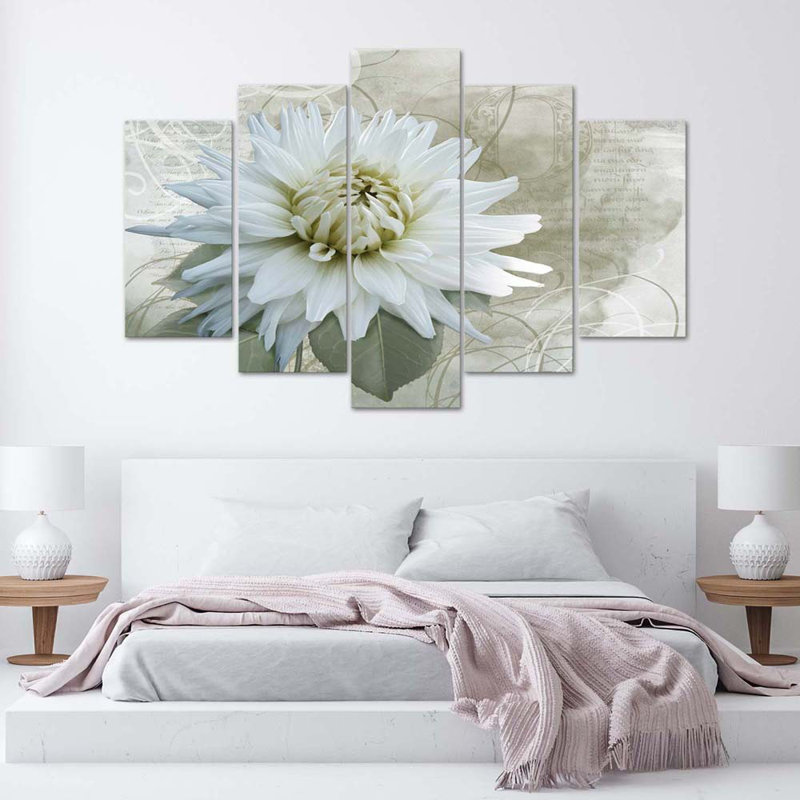White Beige Flower - 5 Piece No Frame Print on Canvas, 100cm H x 200cm W