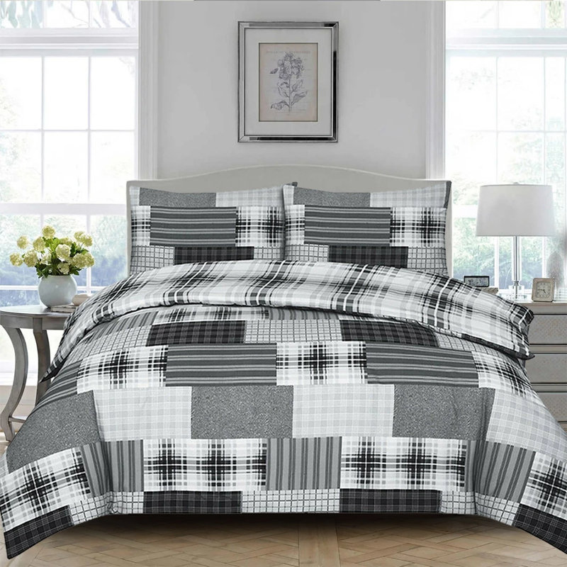 Cotton Patchwork Duvet Cover Set with Pillowcases Included, Kingsize Duvet Cover Set + 2 Standard Pillowcases, Grey