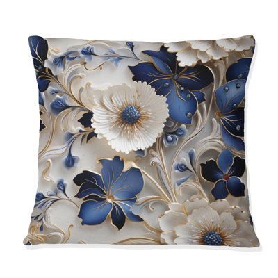 Cobalt Blue Filigree Victorian Pattern - Floral Printed Throw Pillow