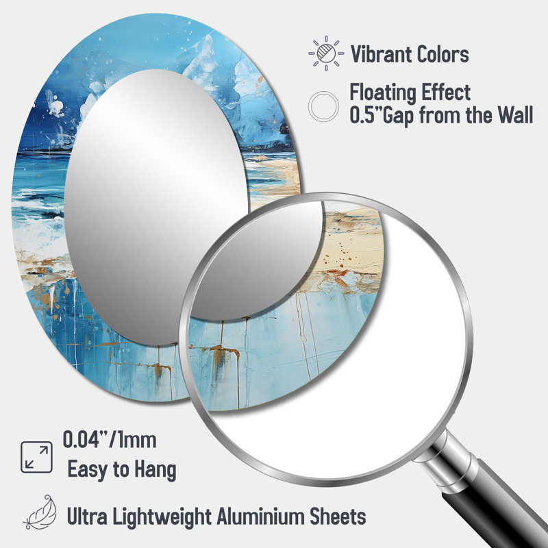 Bleu et beige Tranquility Beach II - Miroir décoratif ovale côtier sur métal, 40 po x 30 po