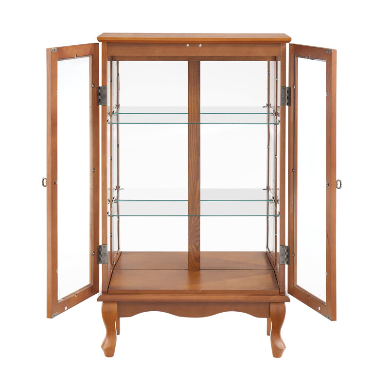 Elegant 2-Door Curio Cabinet With Tempered Glass Doors, Mirrored Back Panel, And Adjustable Shelves - Lighted Display Cabinet For Home And Office (Light Bulb Included) -OAK Finish