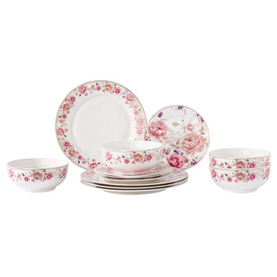 Lorren Home Trends Bone China Floral Dinnerware Set, 12 Piece, Service For 4, Pink Rose Pattern With Gold Trim.