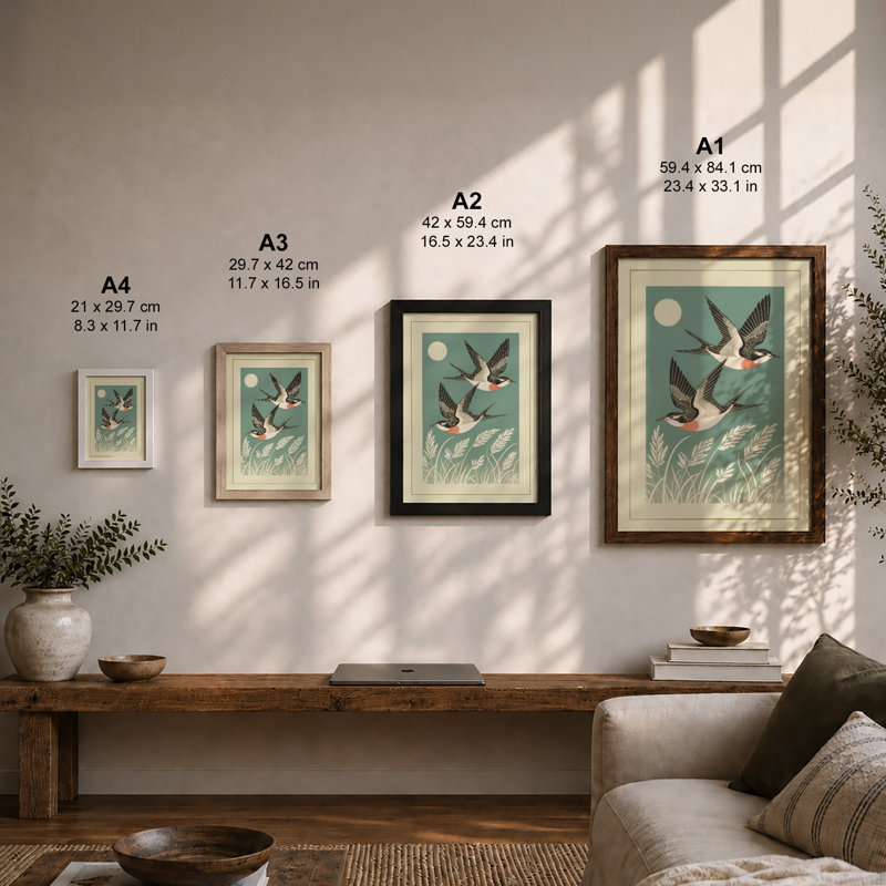 Birds in Flight Japandi - Framed Print, A4 - 29.7 x 21.0 cm, White