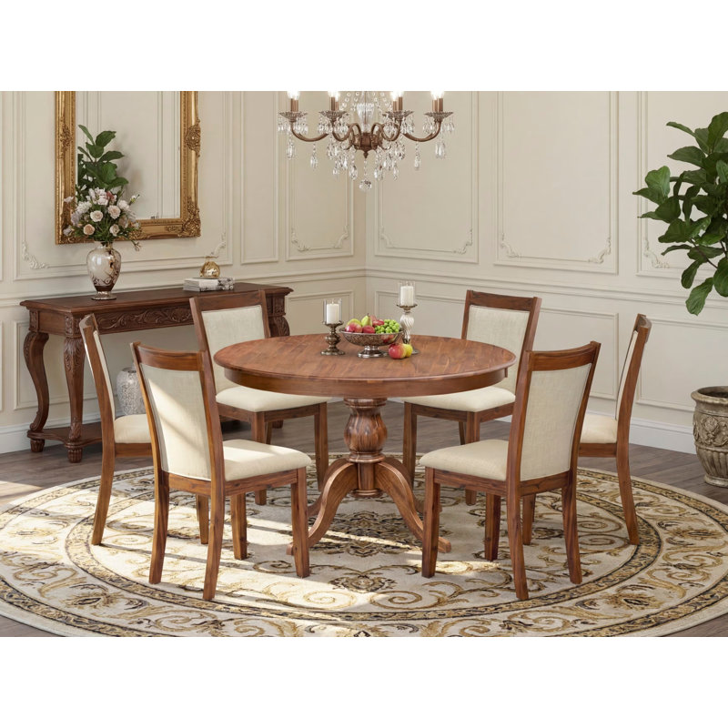 L'ensemble de table de cuisine 7 pièces se compose d'une table de salle à manger à piédestal et de 6 chaises rembourrées en tissu de lin beige clair avec dossier rembourré - noyer antique