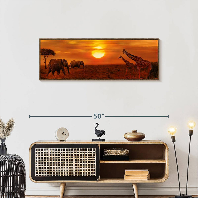 Coucher de soleil africain, 43 po x 15 po, Cadre flottant noyer