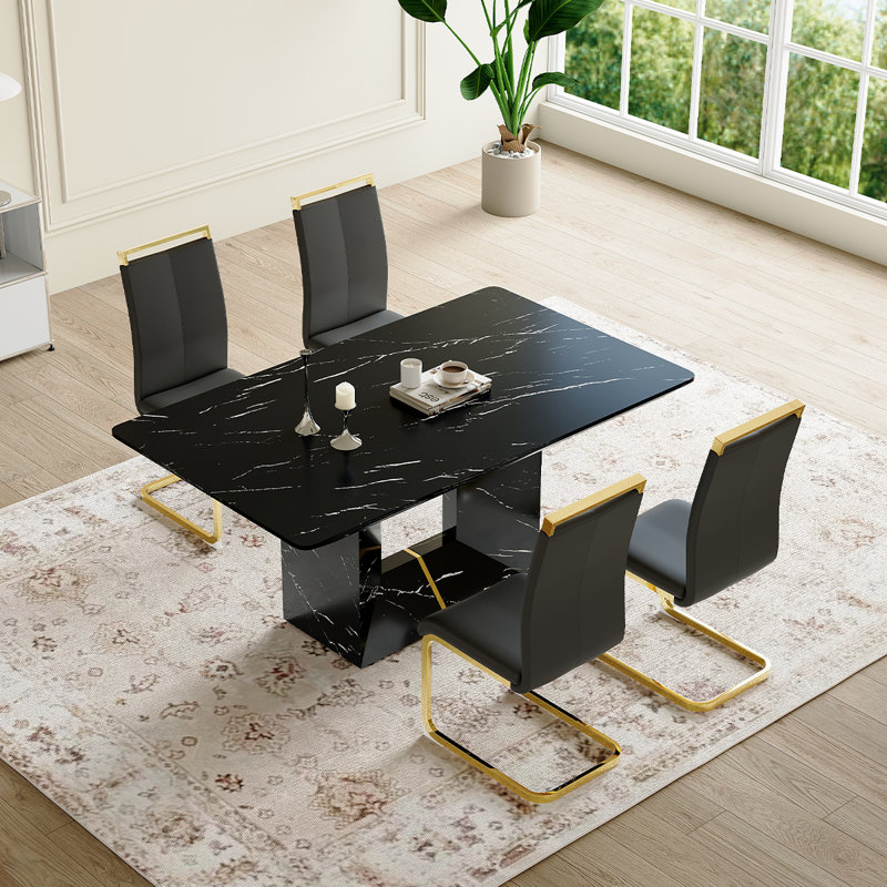 Ensemble de cuisine et salle à manger Modern, table de salle à manger en marbre avec chaises rembourrées, Noir et or, Noir