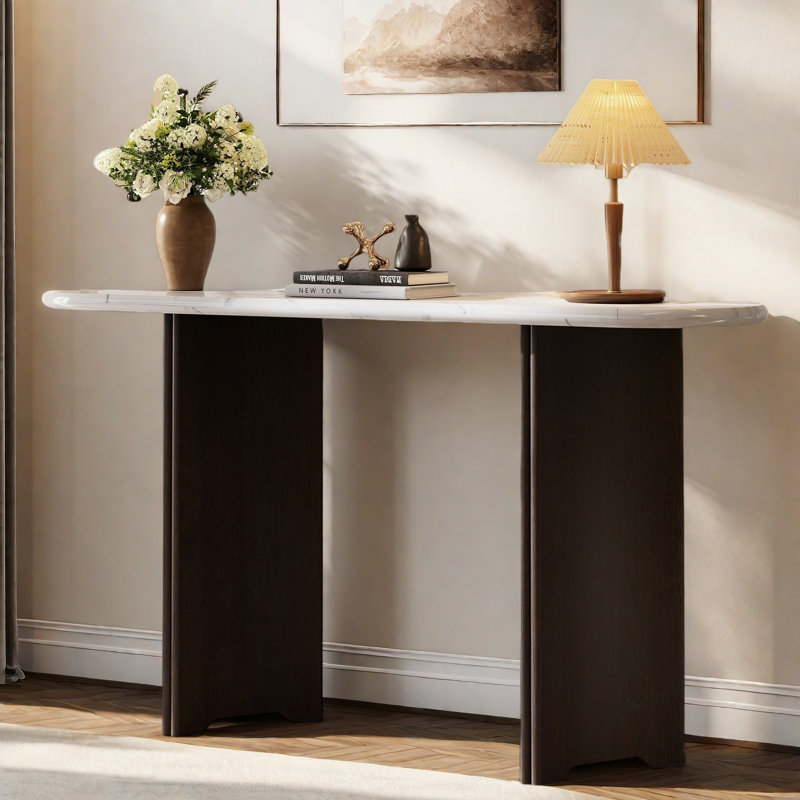 Narrow Console Table With Oval Marble Top, Curved Legs And Triangular-designed Base, Espresso