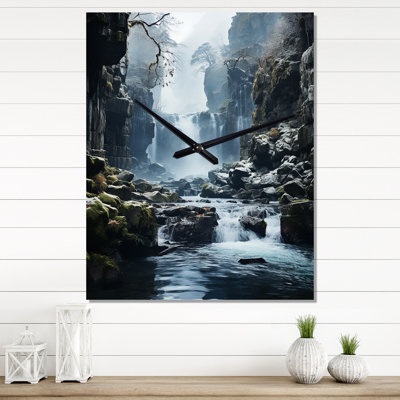 Grey White Waterfall Frozen Symphony II - Landscapes Wall Clock
