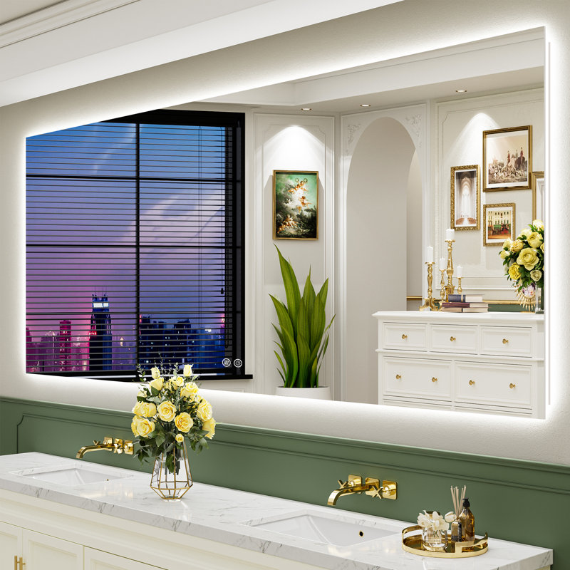 Bathroom LED Mirror with Backlit, Anti Fog Lighted Vanity Mirror with Stepless Dimmable, ETL Listed, IP54 Waterproof, CRI90+, HD Tempered Glass