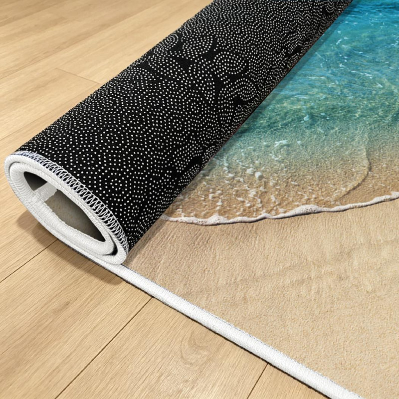 Blue Soft Wave Ocean Sandy Beach Sand Sea Aqua Calm Coast Machine Washable Indoor Area Rug, Rectangle 39" x 63"