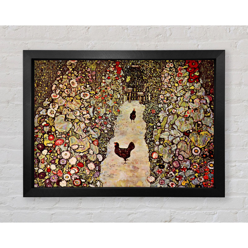 Klimt Garden Path With Chickens - Single Picture Frame Painting on Canvas, 42cm H x 59.7cm W x 3.4cm D, Black Framed Paper