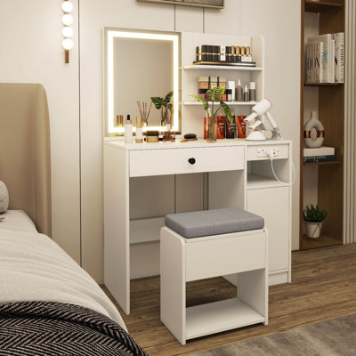 Vanity Desk Set with Mirror & Lights Power Outlet Cushioned Stool Drawer & Shelves