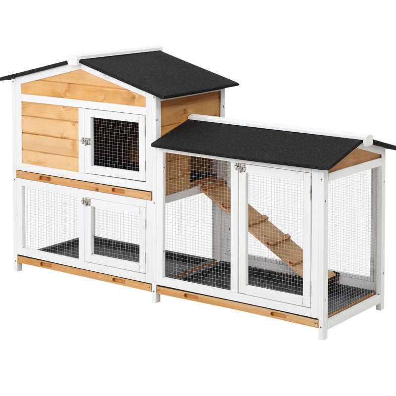 Cage à 2 étages - Toit jaune et plateau sans fuite avec rampe pour lapins en bois avec milieu nettoyable