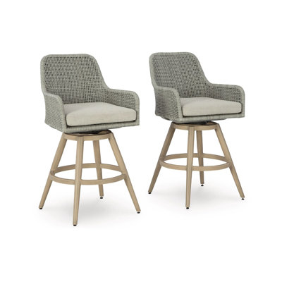 Yami Swivel Barstool Set Of 2, Gray Cushions And Wicker Woven Back