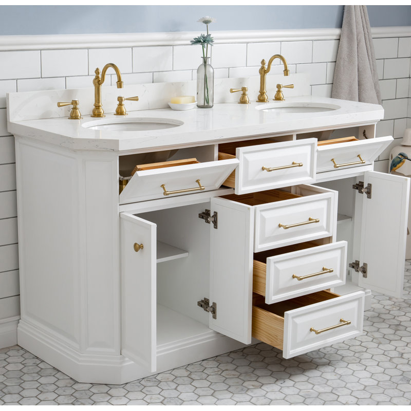 Bruning 60" Carrara Quartz Countertop Bath Vanity with Faucet, Pure White, Satin Brass Deck Mount