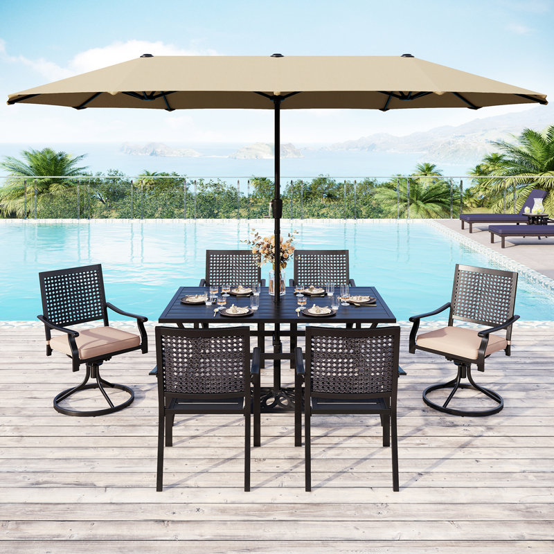 Ensemble de salle à manger rectangulaire pour 60 personnes avec coussins et parasol Leonard, Beige