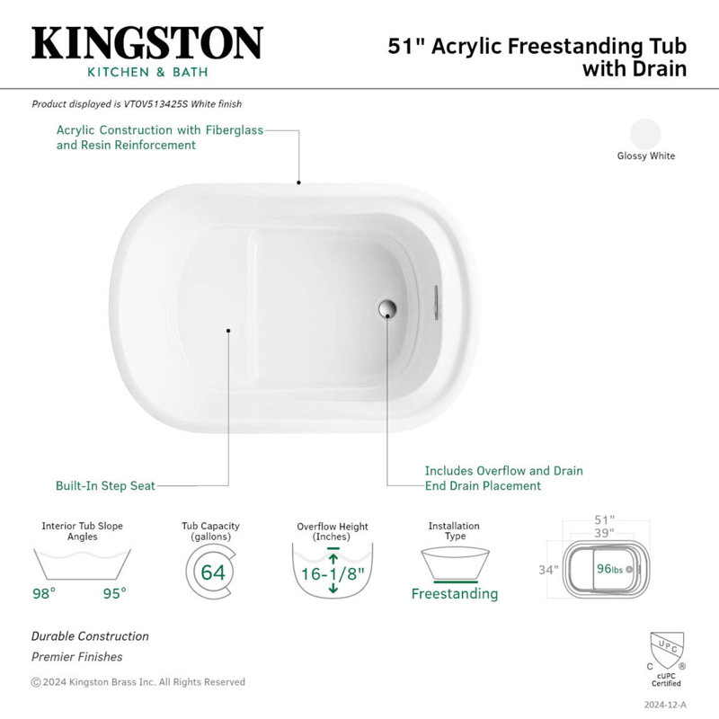 Kingston Brass Aqua Eden 51-Inch Acrylic Oval Rectangular Double Ended Freestanding Tub with Drain