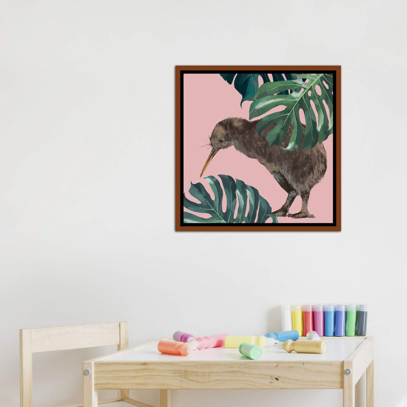Kiwi oiseau avec monstera art, H 26 po x l 26 po x P 1,5 po, Toile avec cadre en bois classique