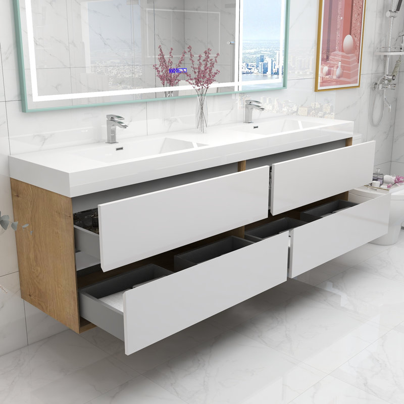 83.4'' Double Bathroom Vanity with Acrylic Top, Glossy White