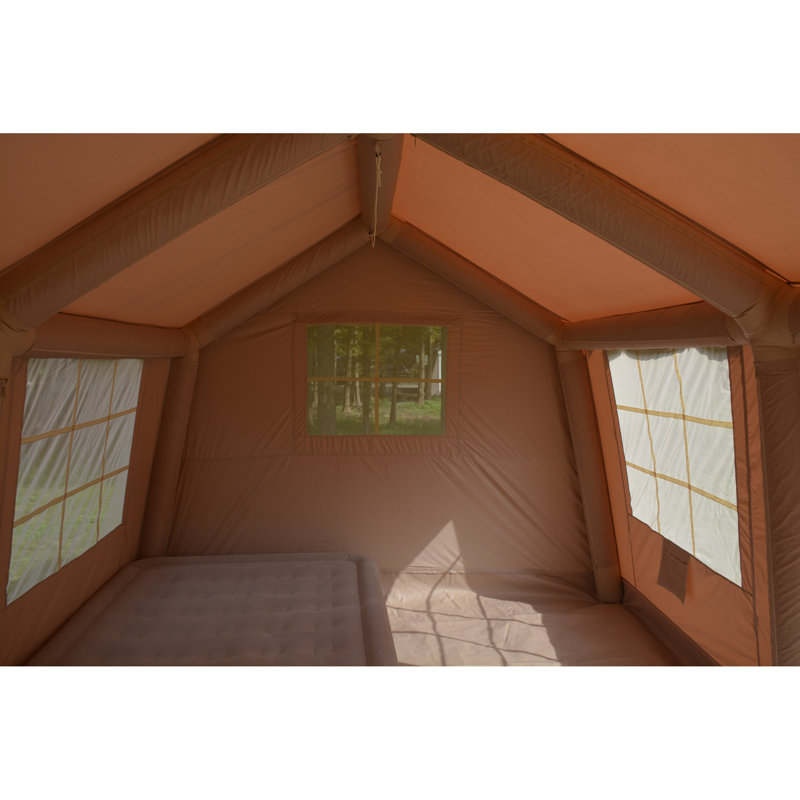 X13ft inflatable camping tent with canopy & hand pump, easy setup waterproof & windproof air glamping tent, beige.