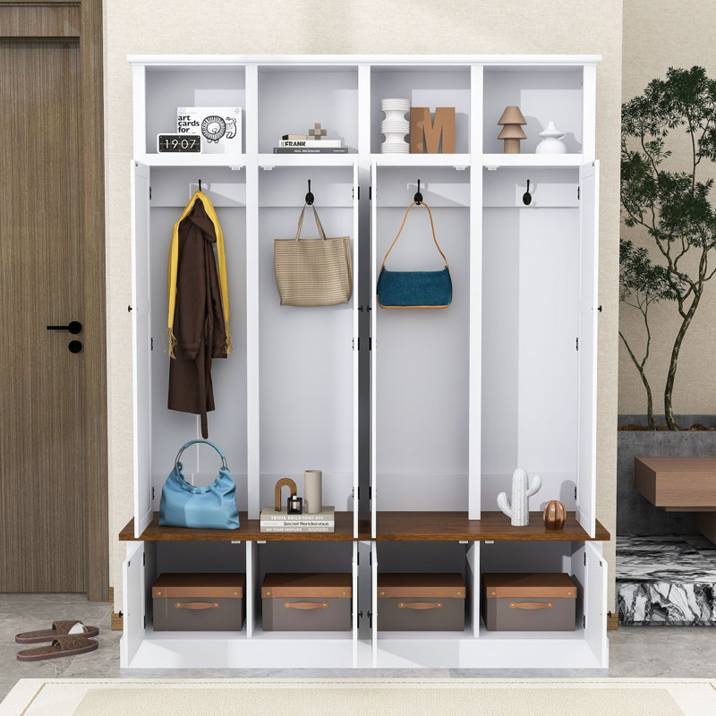 Farmhouse Hall Tree with Storage Bench, Cabinet and 4 Hooks, White
