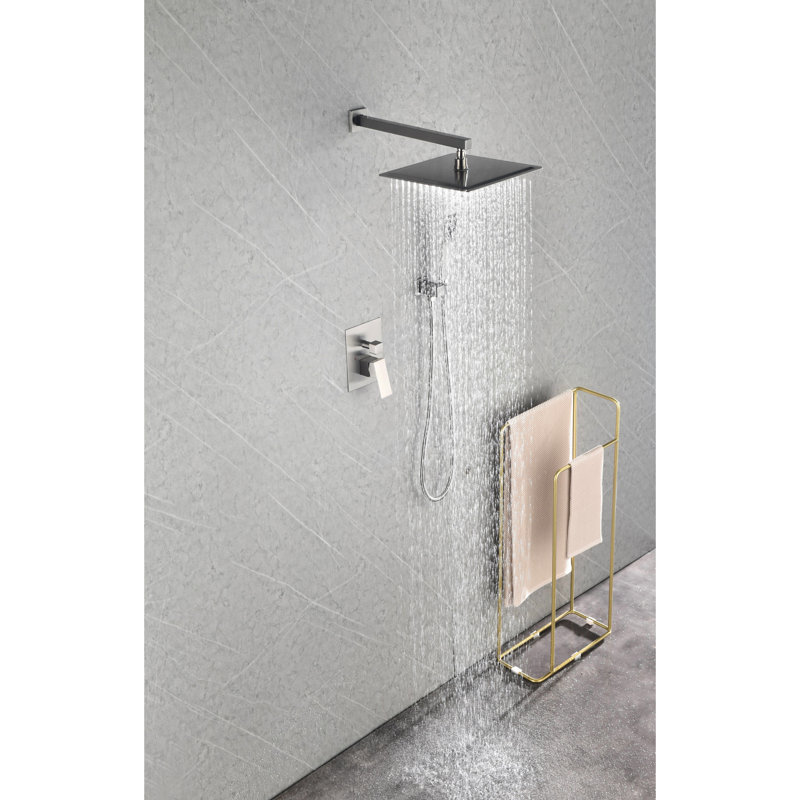 Brushed Nickel Shower With Head, Hand Shower, Hose, Valve Trim, Lever Handles And Niche. . Produces Natural Rainfall Showering. Self-Cleaning Nozzle. Complies To American Standard Pipe Connections
