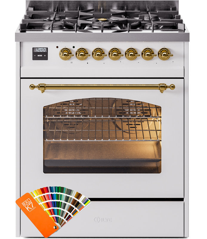ILVE Nostalgie II 30 in Dual Fuel Range, RAL/Brass, Liquid Propane