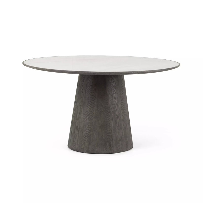 Skye Round Oak Pedestal Dining Table, 30" H x 55" W x 55" D, White Marble/Weathered Dark Oak