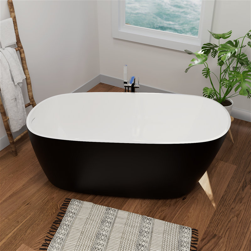 Baignoire de trempage autoportante en acrylique L 59 po x l 28 po, drain et trop-plein chromés, conception moderne pour salles de bain luxueuses