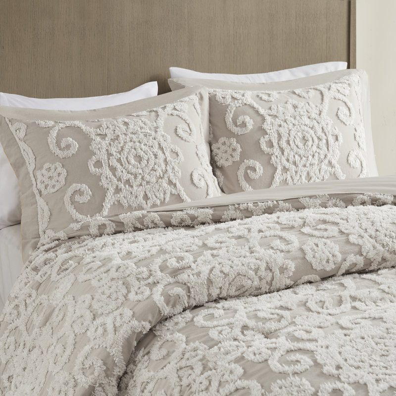 Suzanna Tufted Chenille Embroidered Medallion 3 Piece Cotton Duvet Cover Set, King Duvet Cover + 2 King Shams, Taupe
