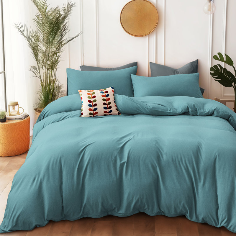 HOME BEDDING Jersey Cotton Duvet Cover Set, California King Duvet Cover + 2 King Shams, Teal Green