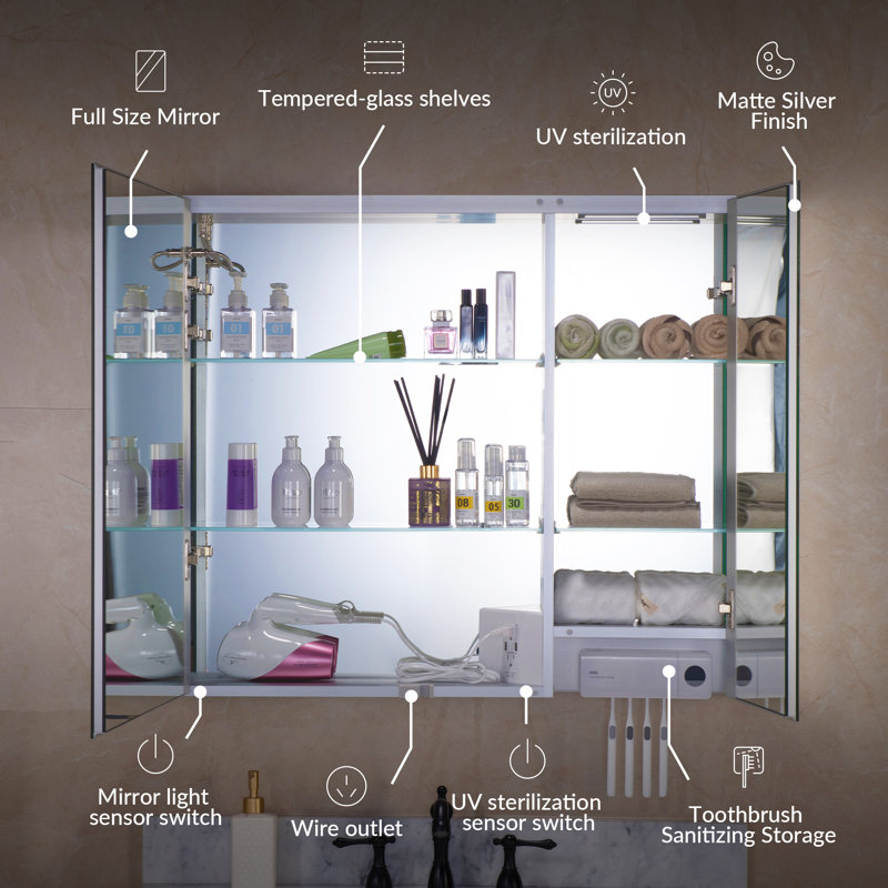 36"W X 30"H Surface Mount Frameless 2 Doors Medicine Cabinet With Mirror Defogger And Soft Close Hinges