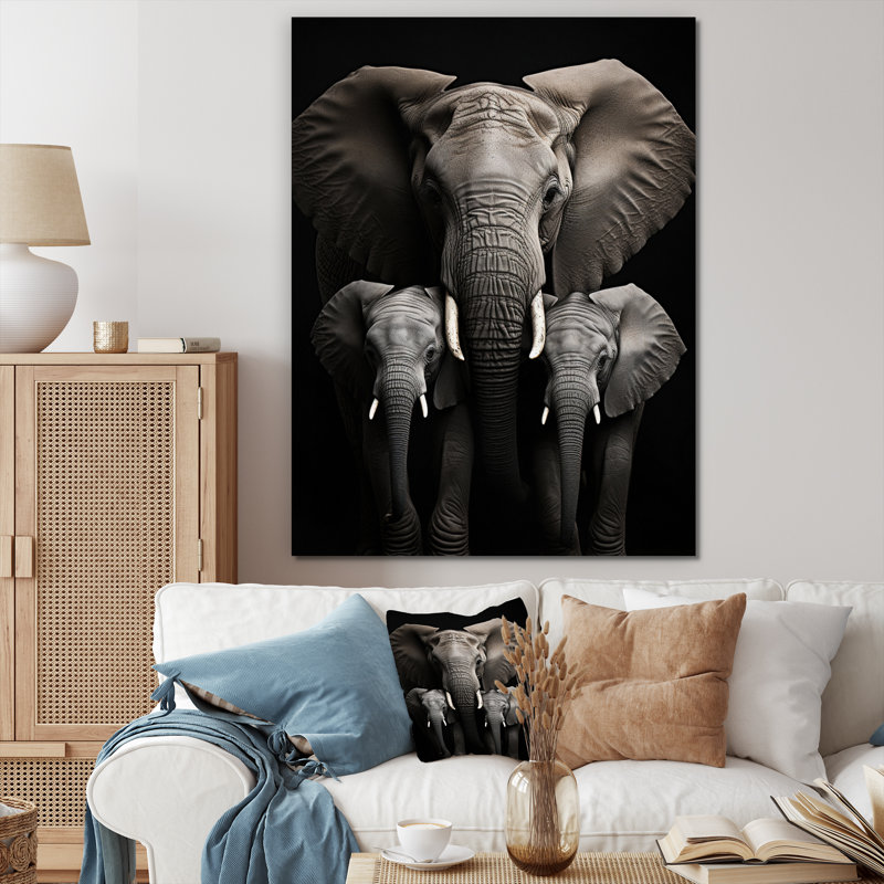 Éléphant noir et blanc Laciana, Toile tendue, H 32 po x l 24 po x P 1 po