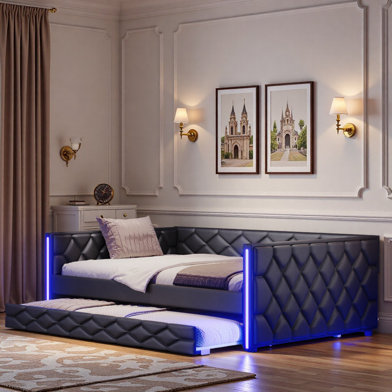 Upholstered Daybed With Trundle And Led, Black