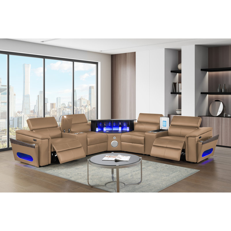 Canapé modulaire en caramel Nova avec 2 consoles avec lampe de lecture et réfrigérateur