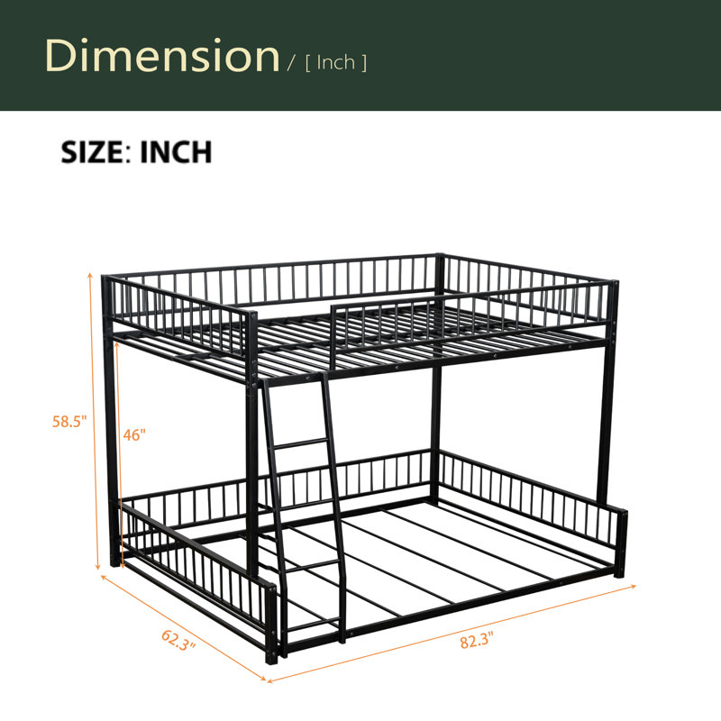Floor Bunk Bed Frame With Ladder And Safety Guardrails, Easy Assemble, Black, Full XL Over Queen