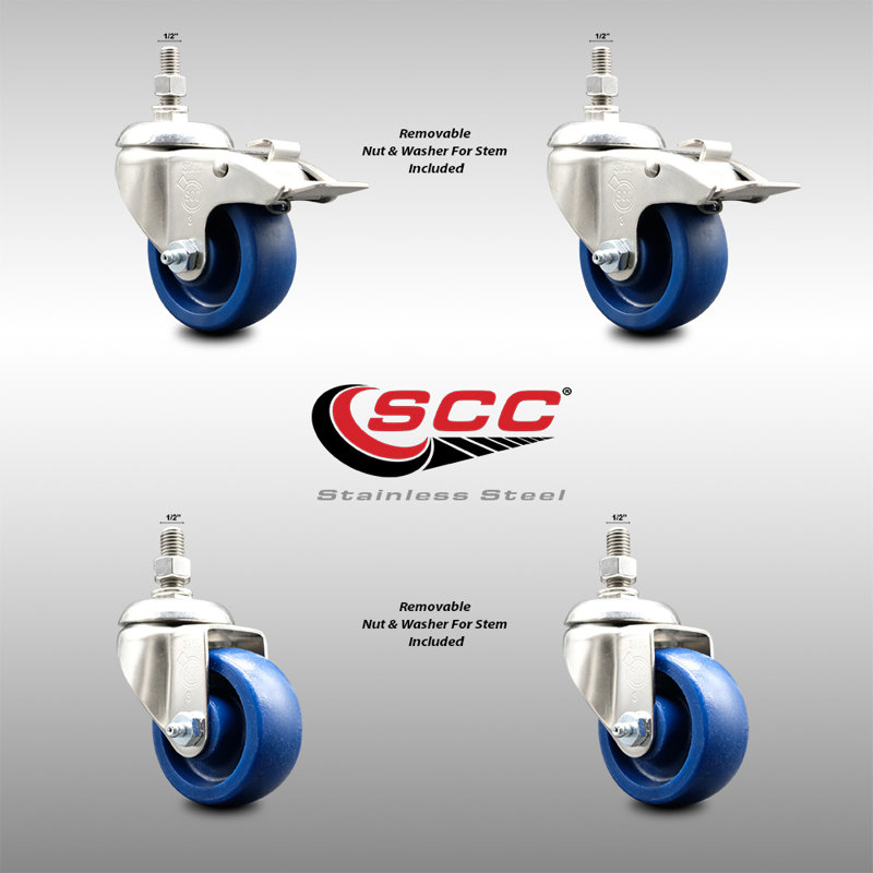 3 Inch_316SS_ Solid Polyurethane ½ Inch Threaded Stem Caster Set 2 Lock Brake SCC