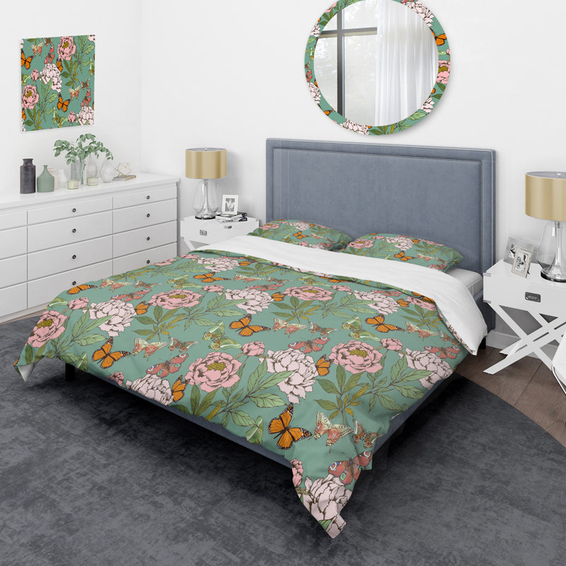 Ensemble de housse de couette en microfibre vert / rose / blanc 3 pièces, Housse de couette simple + 1 taie décorative stan