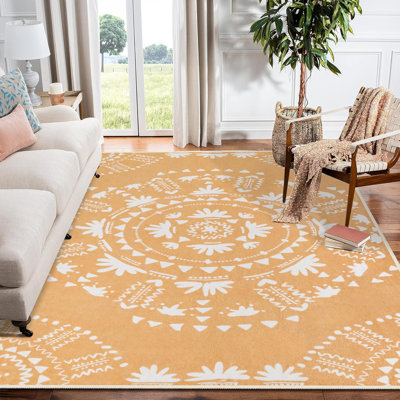 Tapis Boho 5X7, doré, doux, lavable, pour le salon, tapis antidérapant, jaune, moutarde, orange, résistant aux taches, tapis orange délavé pour la chambre à coucher, la cuisine, la salle à manger et le bureau