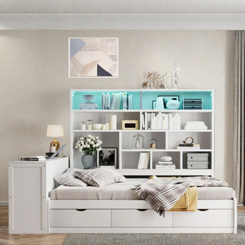 Wooden Daybed With 3 Drawers, Desk, Open Shelves, Lights And Charging Station, White