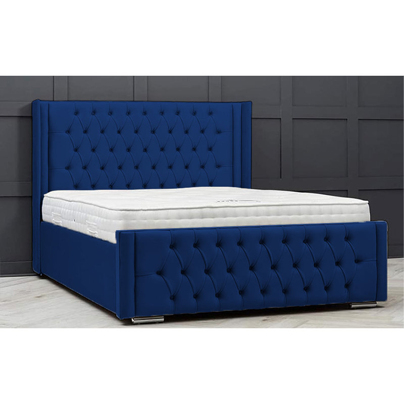Lucio Velvet Upholstered Bed Frame - Curved Headboard, Sprung Slatted Base, Double (4'6), Blue