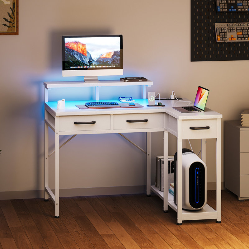 Reversible Desk With Monitor Shelf, L-shaped Desk With 3-tier Under-desk Drawers, Computer Desk With Led Light Strips, Writing Desk With Cpu Stand, Home Office Desk With Recessed Power Outlet