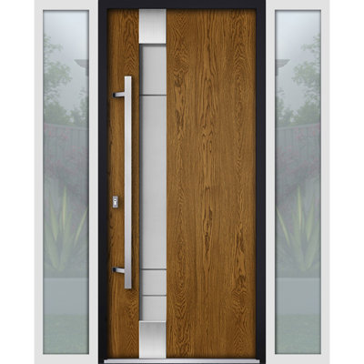 Front Exterior Prehung Steel Door Deux 1713 Natural Oak 2 Side Exterior White Windows Stainless Inserts Single Modern Painted-W16+36+16 x H80-Right-hand Inswing
