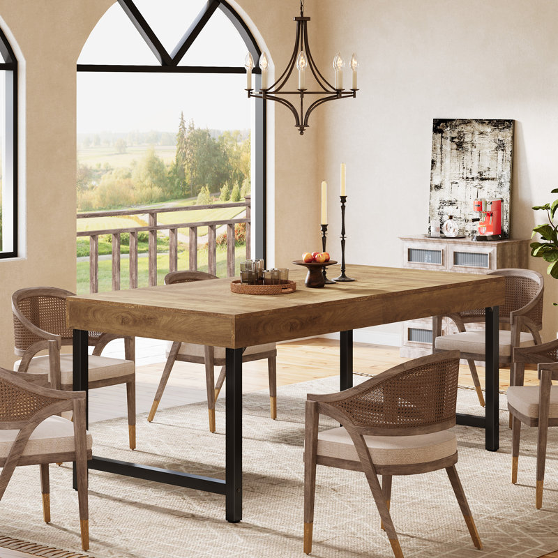 55-Inch Farmhouse Dining Table, Rectangular Kitchen Dinner Table, Brown