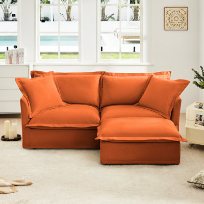 Fauteuil convertible orange à 2 places, revêtement en chenille, housse amovible, confort luxueux, coutures naturelles, coussins moelleux confortables pour conversation, assise profonde, structure en bois, facile