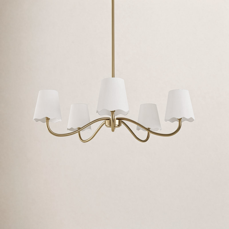 5-Light Chandelier with Fabric Shades, Polished Brass, White 