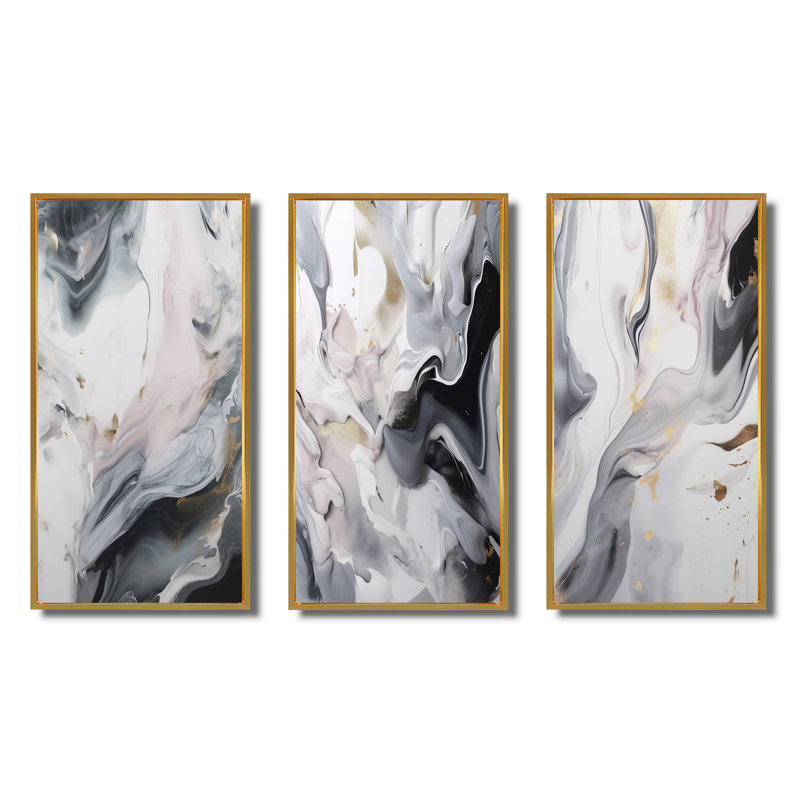 «White and Grey Ripples Of Stone», 3 pièces sur toile, Cadre flottant doré, H 28 po x l 36 po