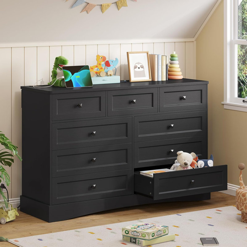 Bedroom Dresser With 9 Drawers, 51.2‘’ Long Dresser Tv Stand With Charging Station, Farmhouse Dresser Chest Of Drawers, Large Wood Storage Tower Organizer Dresser For Bedroom, Living Room